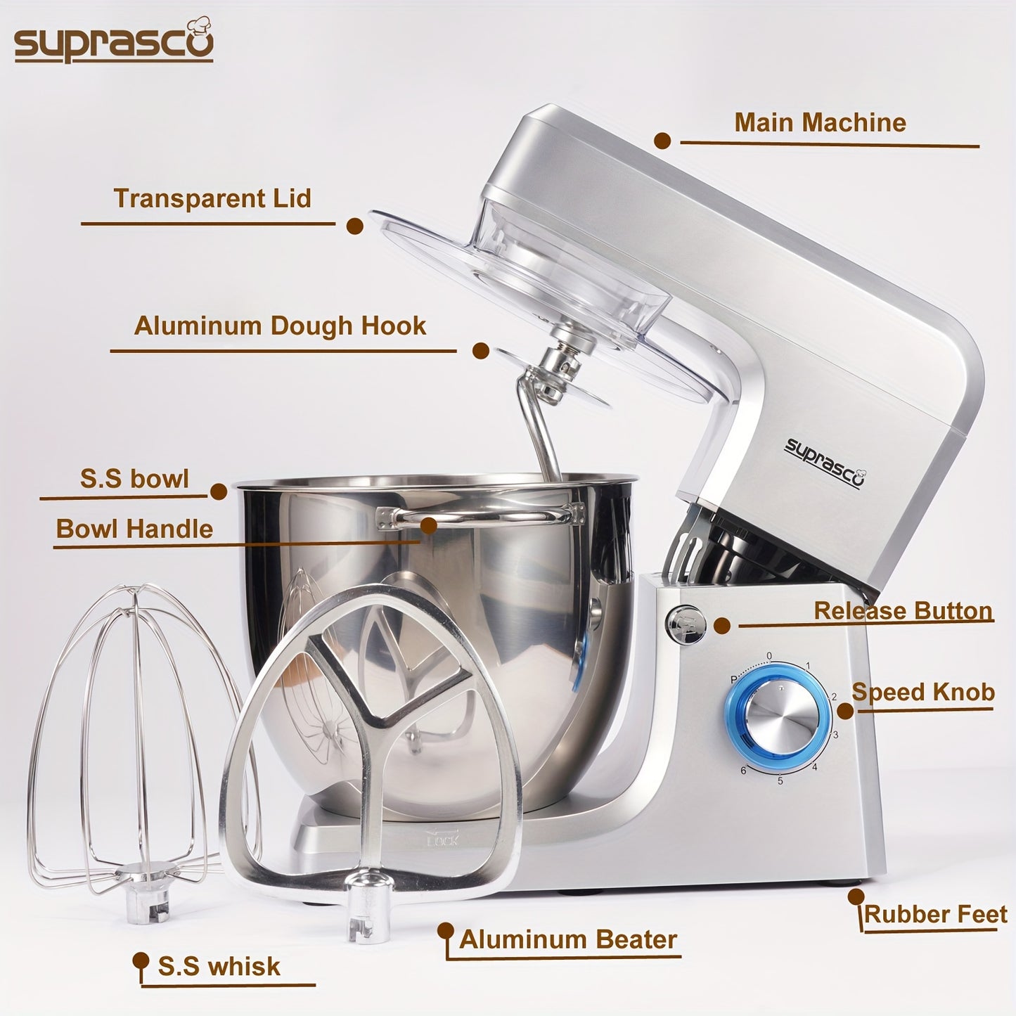 SUPRASCO 10L Stand Mixer 1500W - Dough Hook Beater Whisk