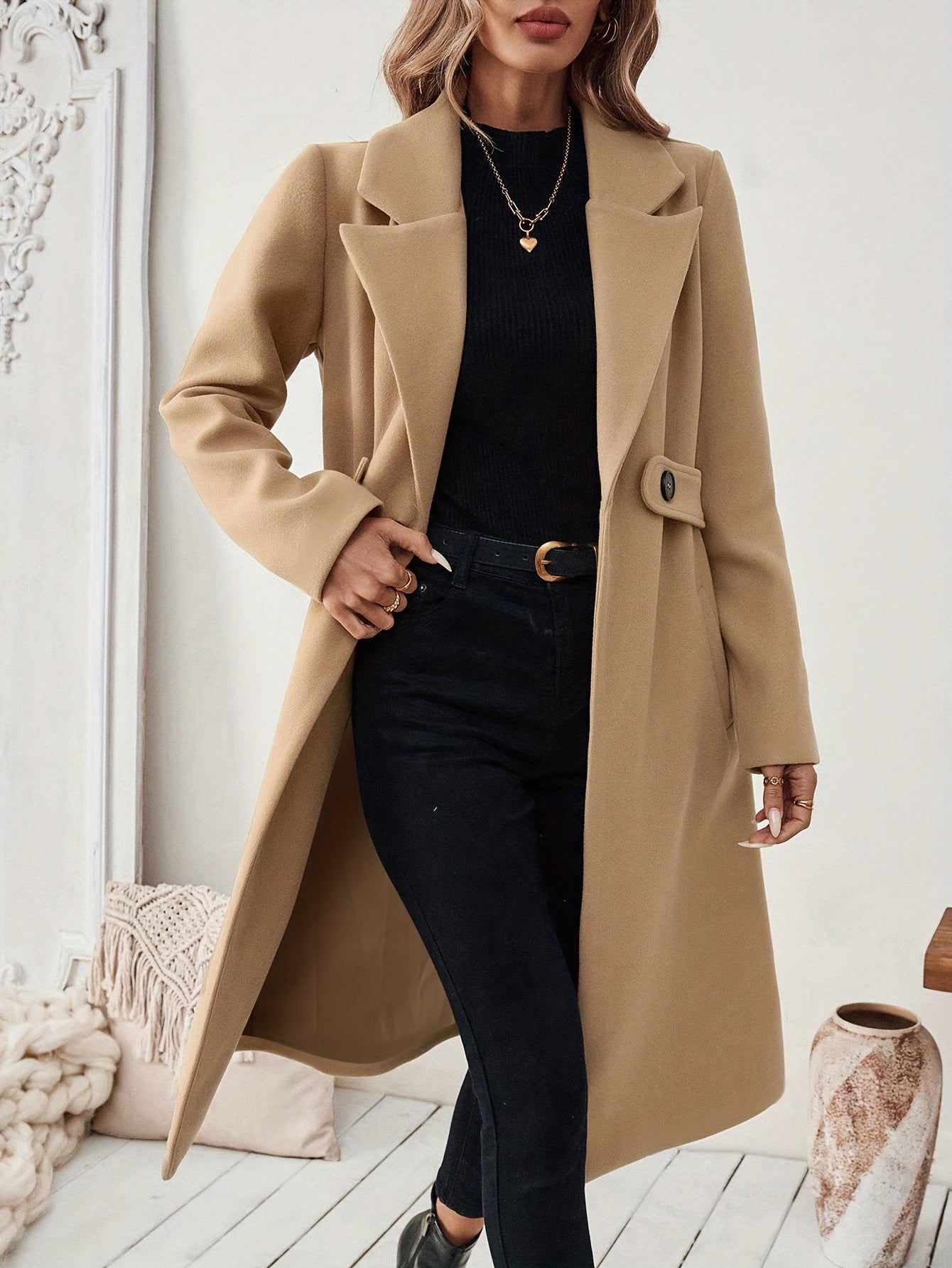 Women's Suit Collar Two-Tone Belted Long Coat - Elegant H-Line