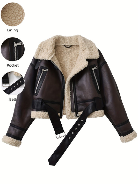 Women's Vintage Jacket - Belted Waist Zipper Cropped