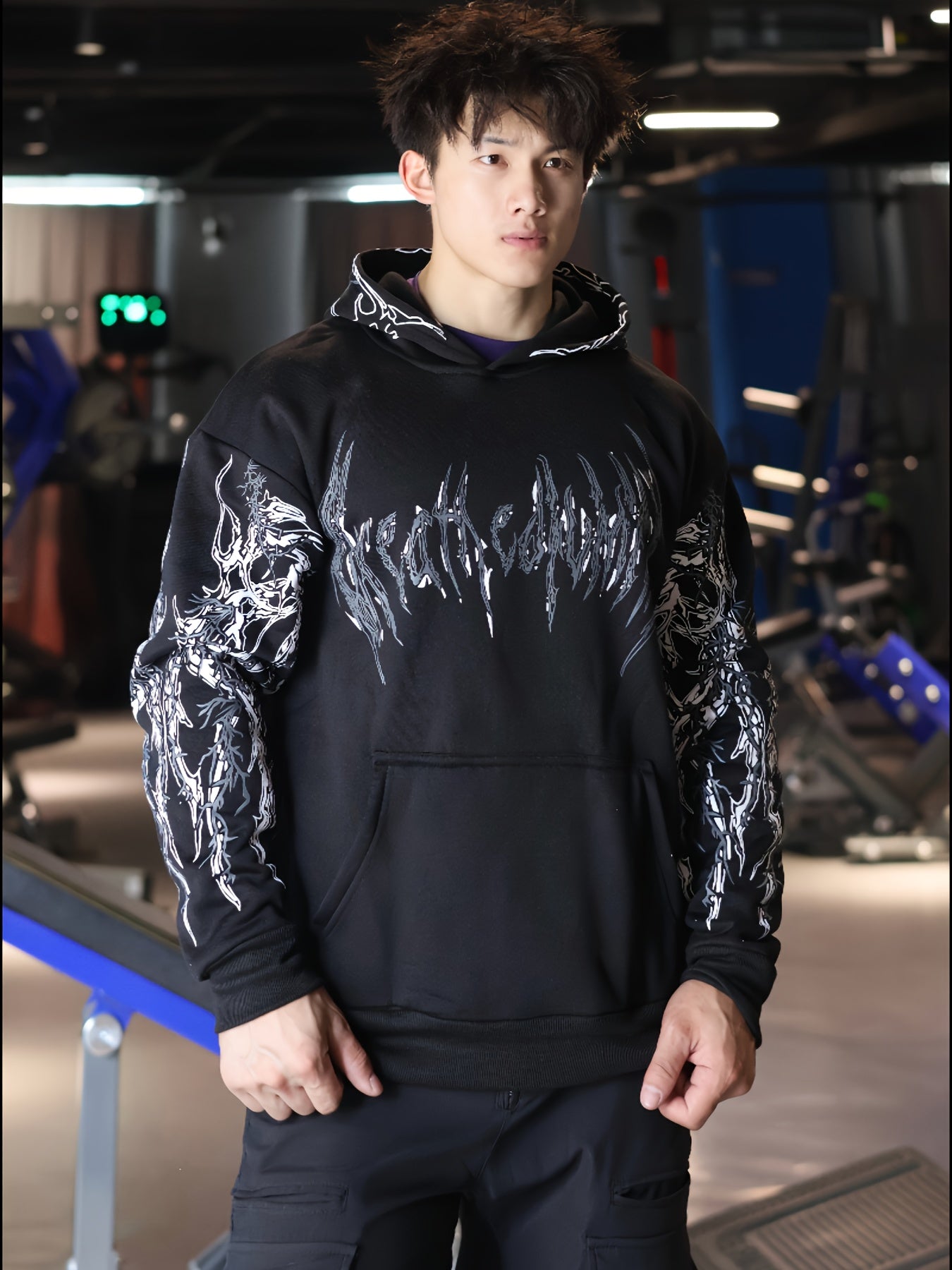 Men's Striped Graphic Print Hoodie - Loose Fit with Kangaroo Pocket