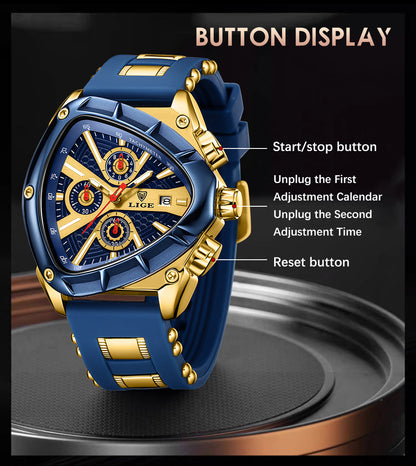 LIGE Men's Quartz Watch - Minimalist Triangle Dial World Time