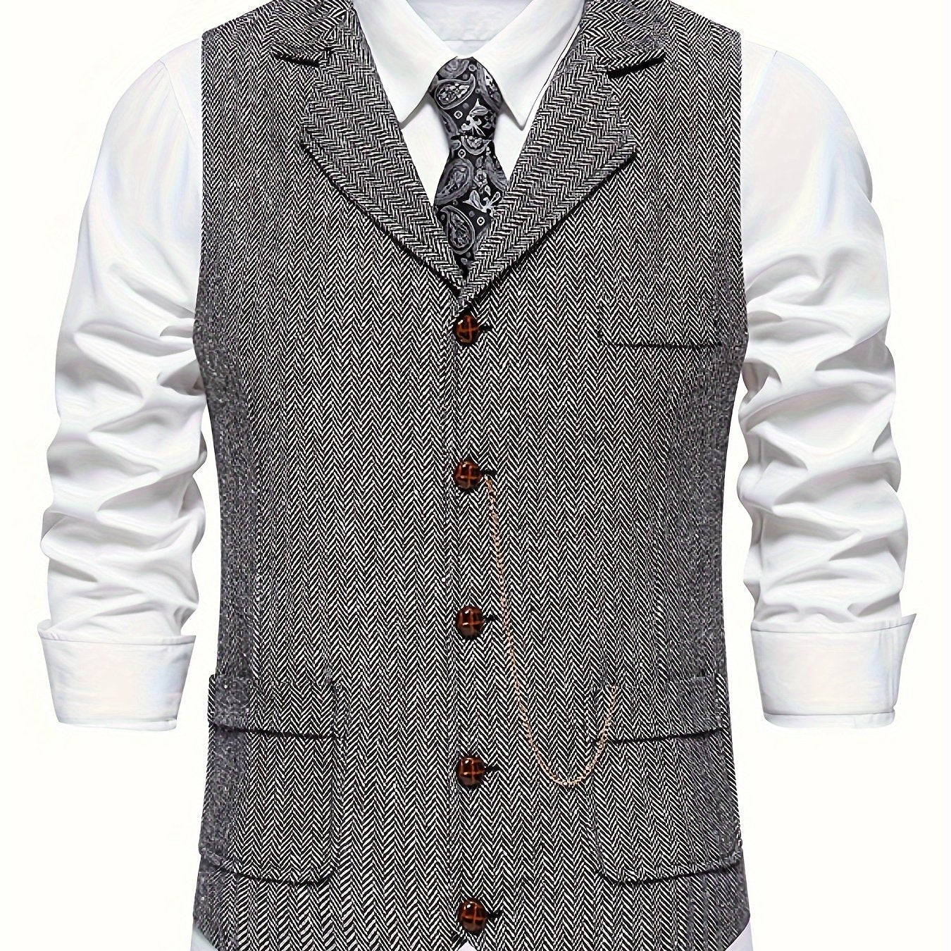 Men's Herringbone Tweed Vest - Single-Breasted Chain Detail Brown