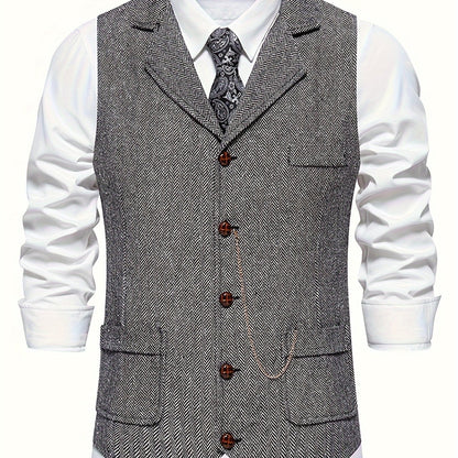 Men's Herringbone Tweed Vest - Single-Breasted Chain Detail Brown
