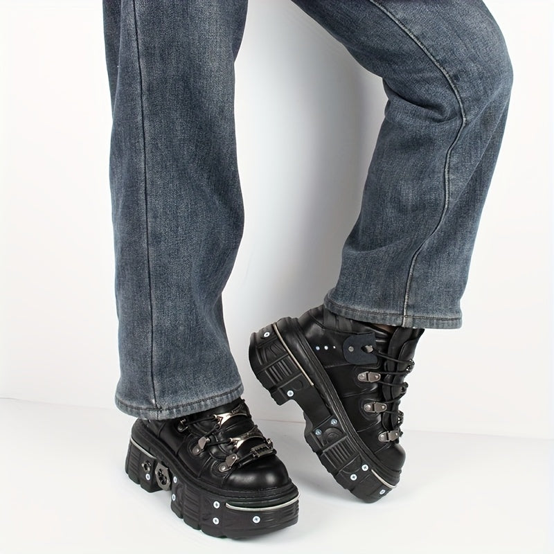 Women's Black Punk Platform Sneakers - High Heel Metal Decor Y2K