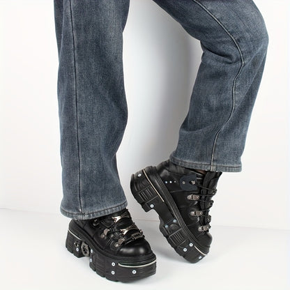 Women's Black Punk Platform Sneakers - High Heel Metal Decor Y2K