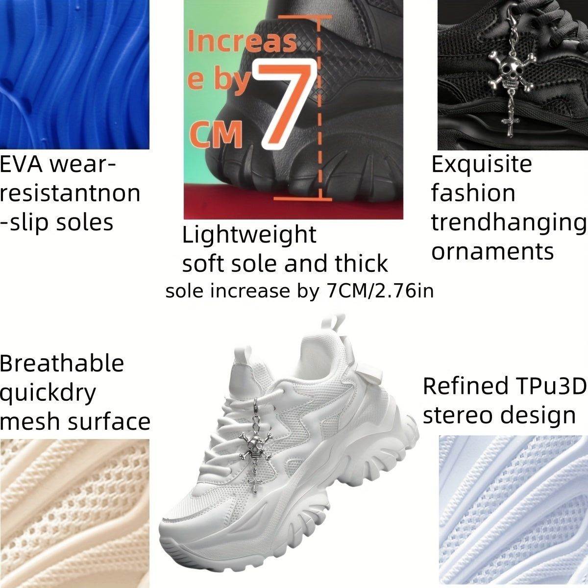 Women's 7cm Height-Increasing Fashion Casual Sneakers with Halloween Elements 3D Cross Skull Metal Shiny Pendant Chain Accessory, Dark Style Women's Outdoor All Seasons EVA Thick Platform High Waterline Lightweight Soft Botto