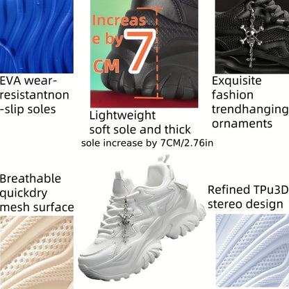 Women's 7cm Height-Increasing Fashion Casual Sneakers with Halloween Elements 3D Cross Skull Metal Shiny Pendant Chain Accessory, Dark Style Women's Outdoor All Seasons EVA Thick Platform High Waterline Lightweight Soft Botto