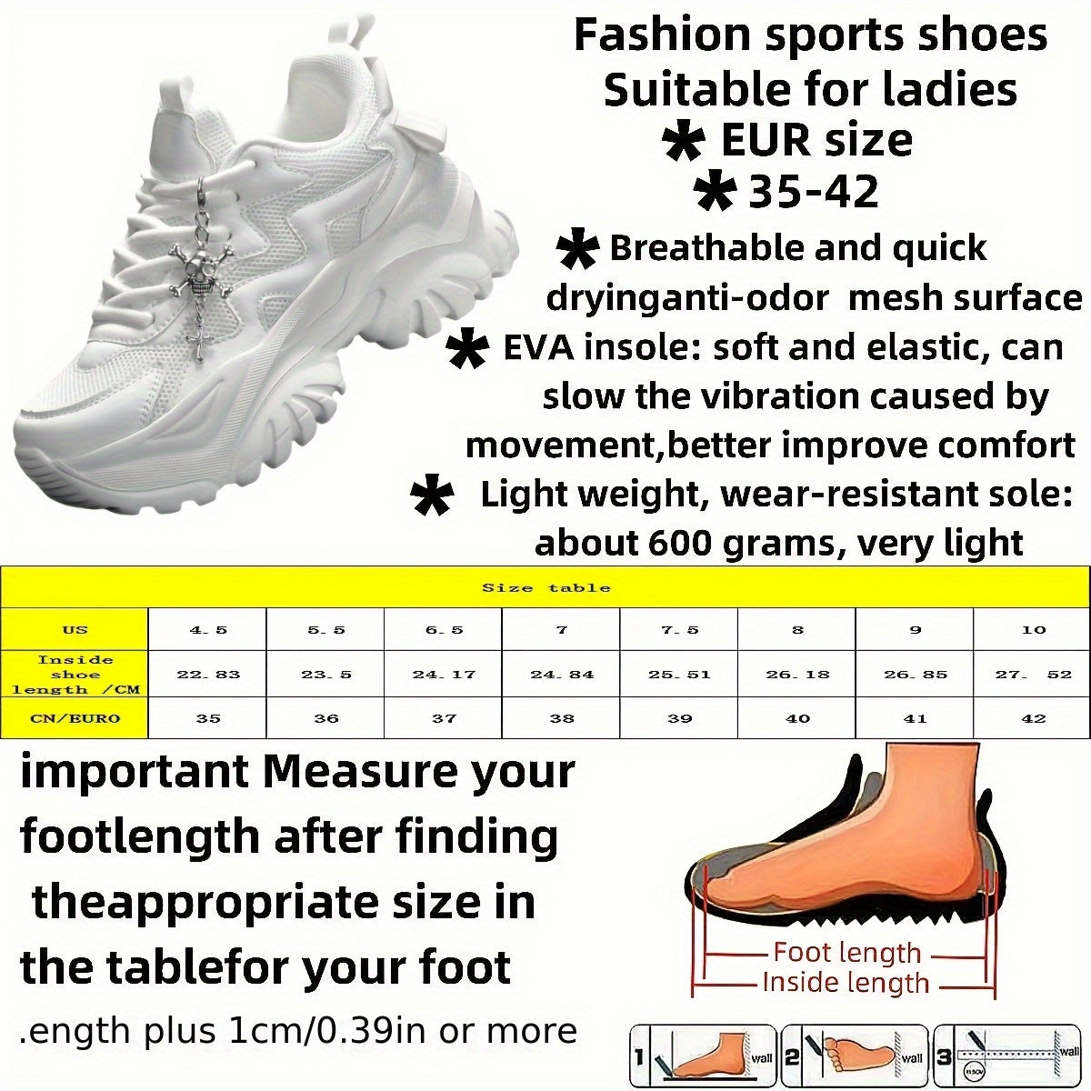 Women's 7cm Height-Increasing Fashion Casual Sneakers with Halloween Elements 3D Cross Skull Metal Shiny Pendant Chain Accessory, Dark Style Women's Outdoor All Seasons EVA Thick Platform High Waterline Lightweight Soft Botto