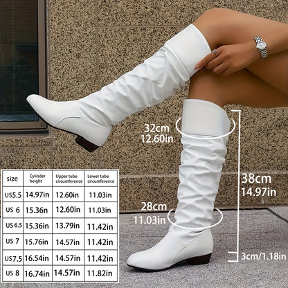 Women's Plus Size Long Tube Pleated Boots - Round Toe Block Heel