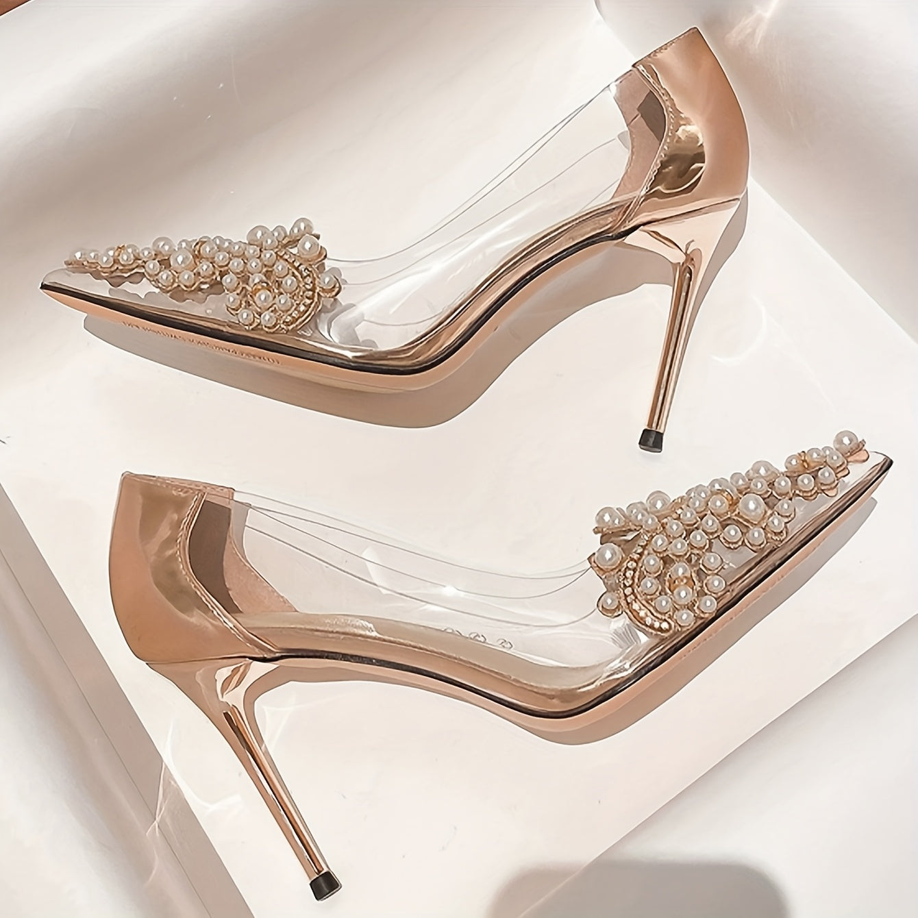 Transparent Pearl-Embellished Pointed-Toe Stiletto Heels