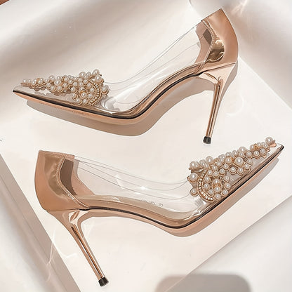 Transparent Pearl-Embellished Pointed-Toe Stiletto Heels