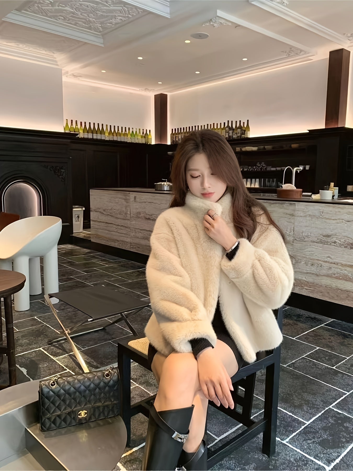 Faux Fur Open Front Fuzzy Coat, Elegant Long Sleeve Warm Outerwear For Fall & Winter, Women's Clothing