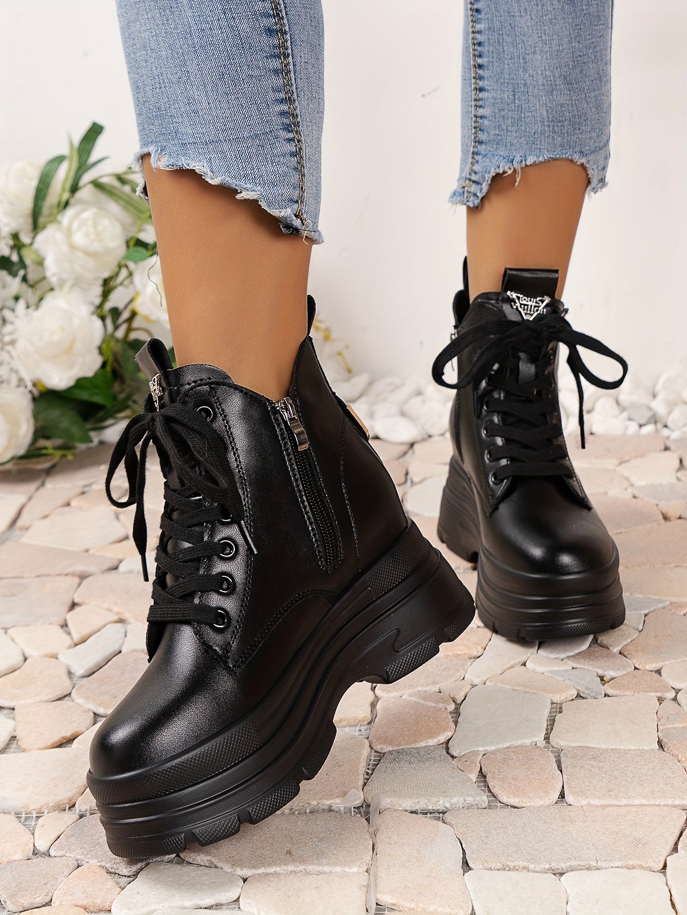 Women's Chunky Platform Ankle Boots - Fleece-Lined Black British