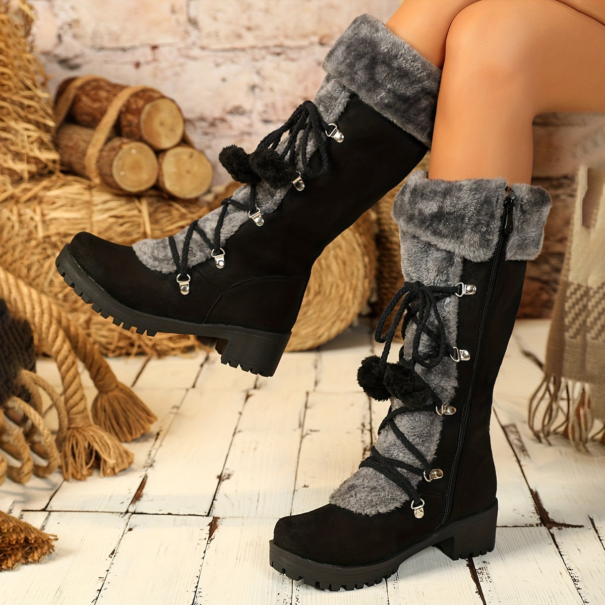 Women's Elegant Winter Faux Fur-Lined Boots - Pom-Pom