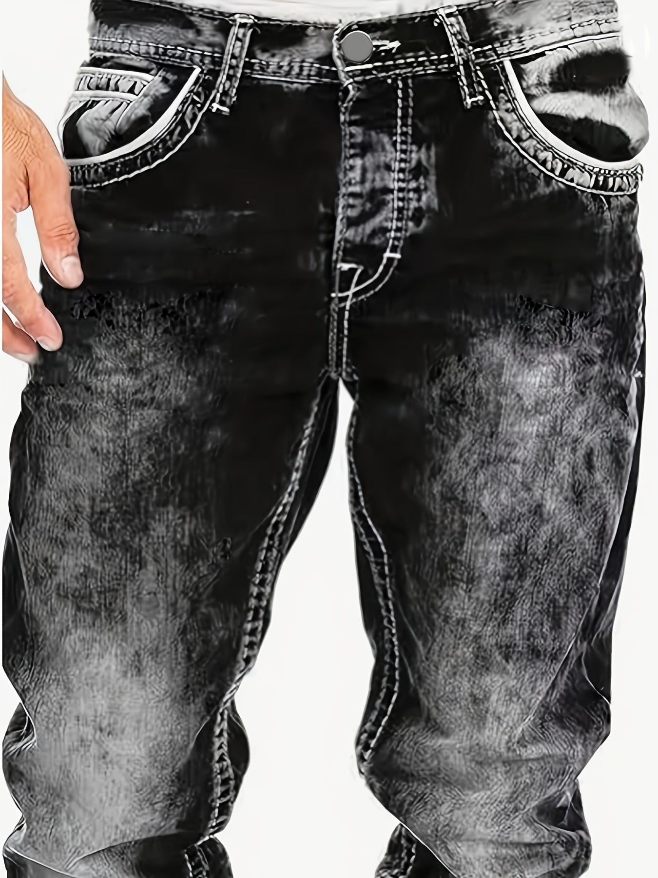 Men's Casual Stretch Denim Jeans - Distressed Washed Regular Fit