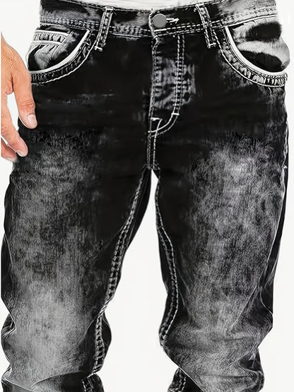 Men's Casual Stretch Denim Jeans - Distressed Washed Regular Fit