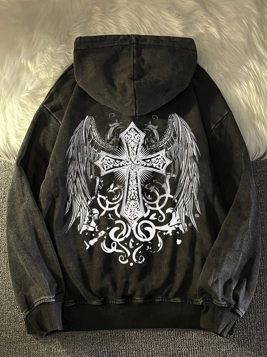 Angel Wing Print Zip Hoodie