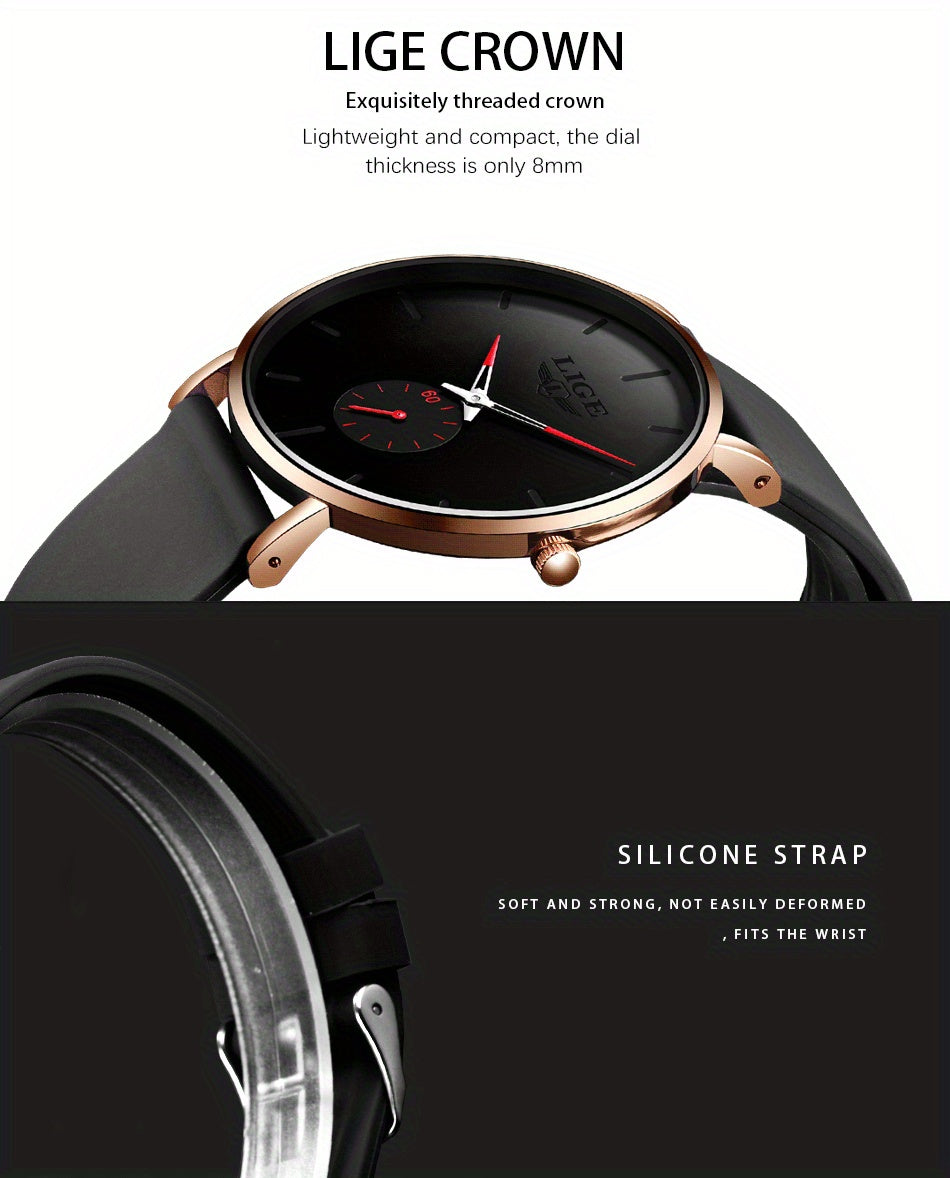 LIGE Minimalist Watch - Ultra-Thin Silicone Strap Unisex