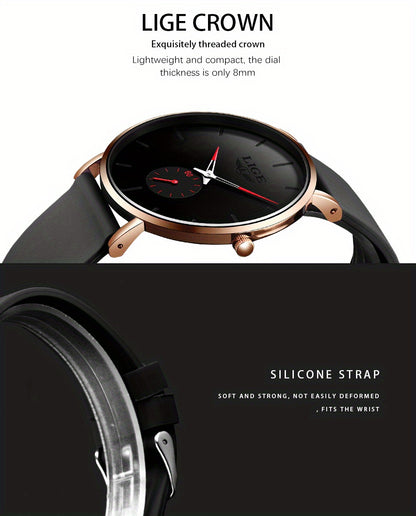 LIGE Minimalist Watch - Ultra-Thin Silicone Strap Unisex