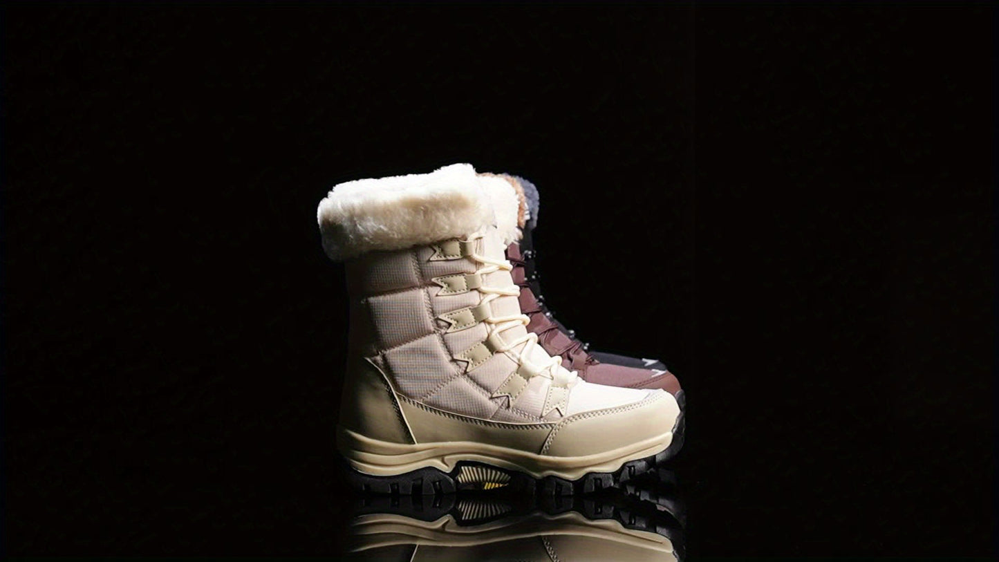 Women's Winter Boots - Light Beige Fleece-Lined Faux Fur Trim