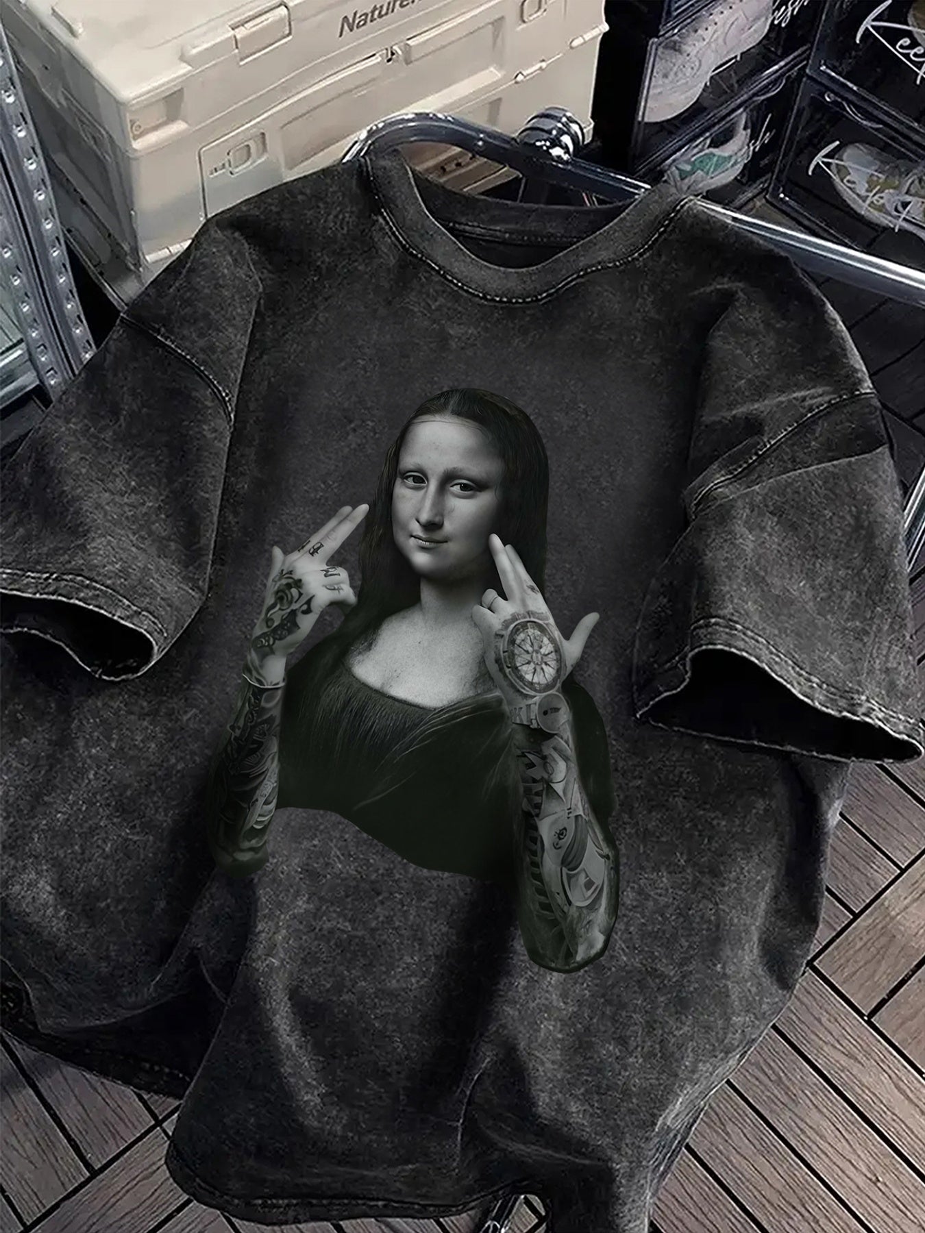 mona lisa Portrait Print T-Shirt - Loose Round Neck