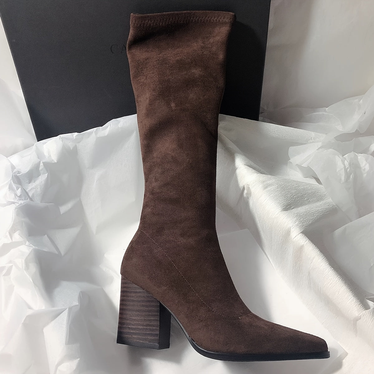 Women'S Elegant Brown Faux Cover Long Boots - Pointed Toe Chunky Heel, Zipper Closure, All-Season Versatile Dress Shoes for Casual & Formal Outfits, Sophisticated Style, Formal Footwear, High Heel Boots