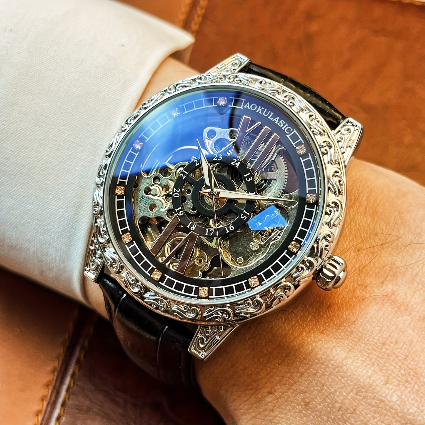 AOKULASIC Men's Luxury Tourbillon Skeleton Automatic Watch