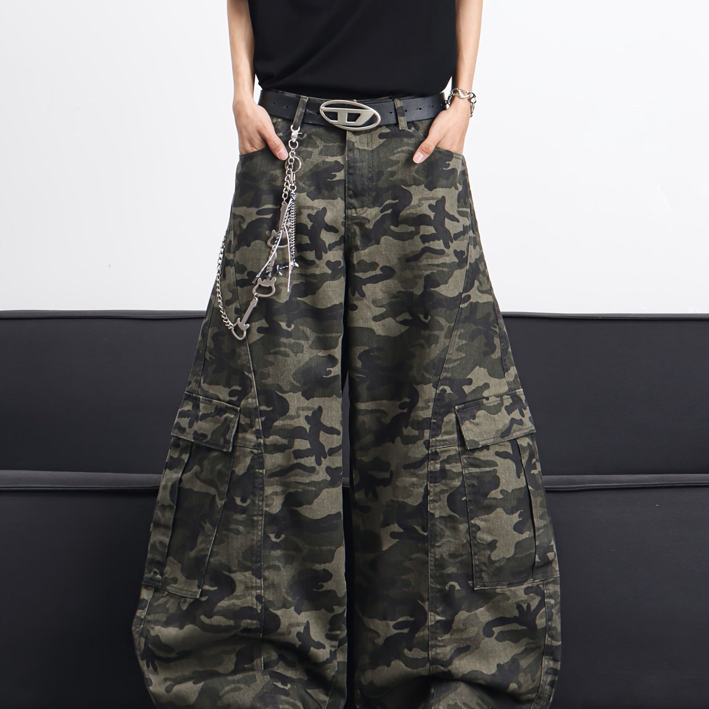 Men's American High Multi-Pocket Jeans - Camo Wide-Leg