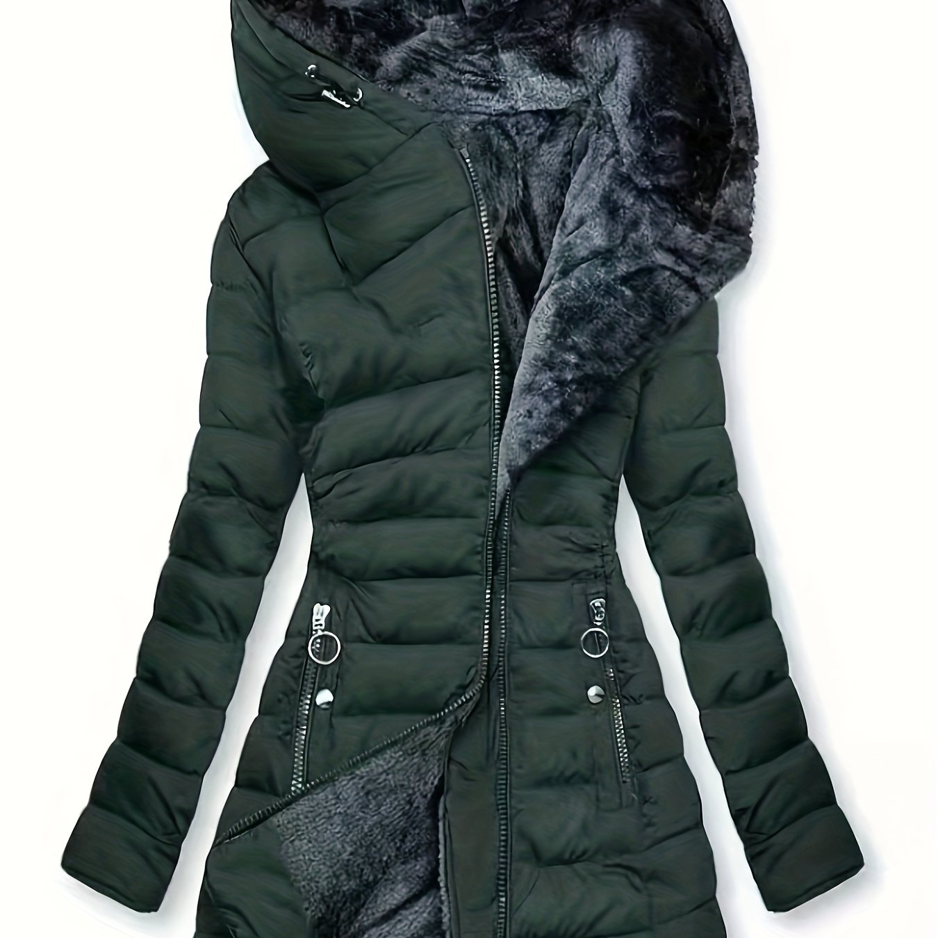 Plus Size Hooded Mid-Length Thick Warm Coat - Anti-Cold Zipper