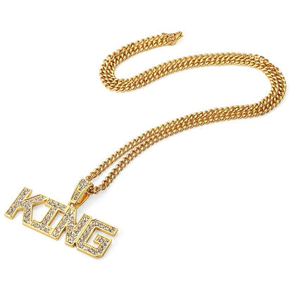 76cm Cuban Chain Iced Out King Pendant Necklace - White Gold Plated