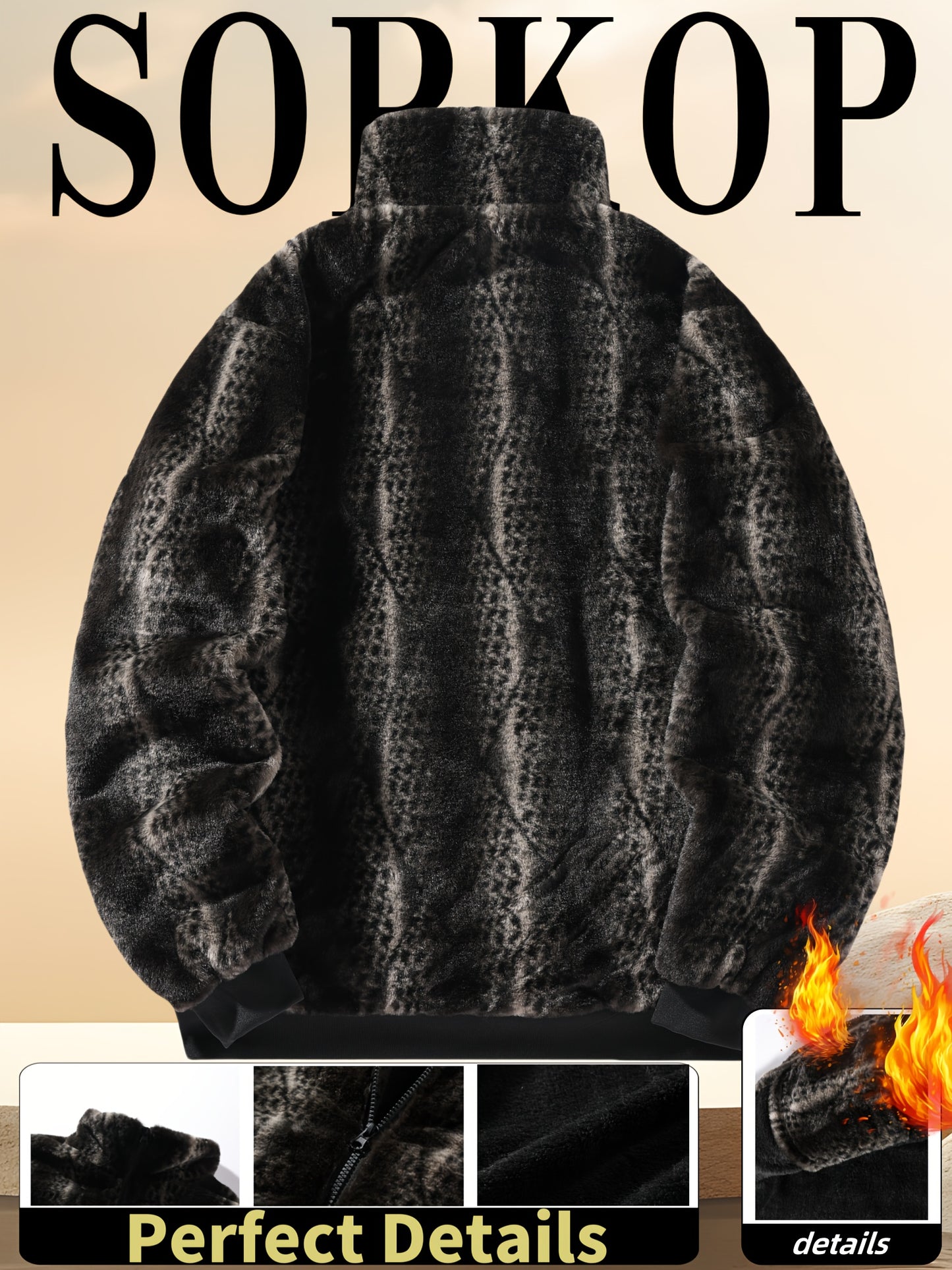 Men's Vintage Plush Jacket - Geometric Pattern with Faux Fur