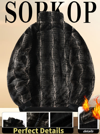 Men's Vintage Plush Jacket - Geometric Pattern with Faux Fur