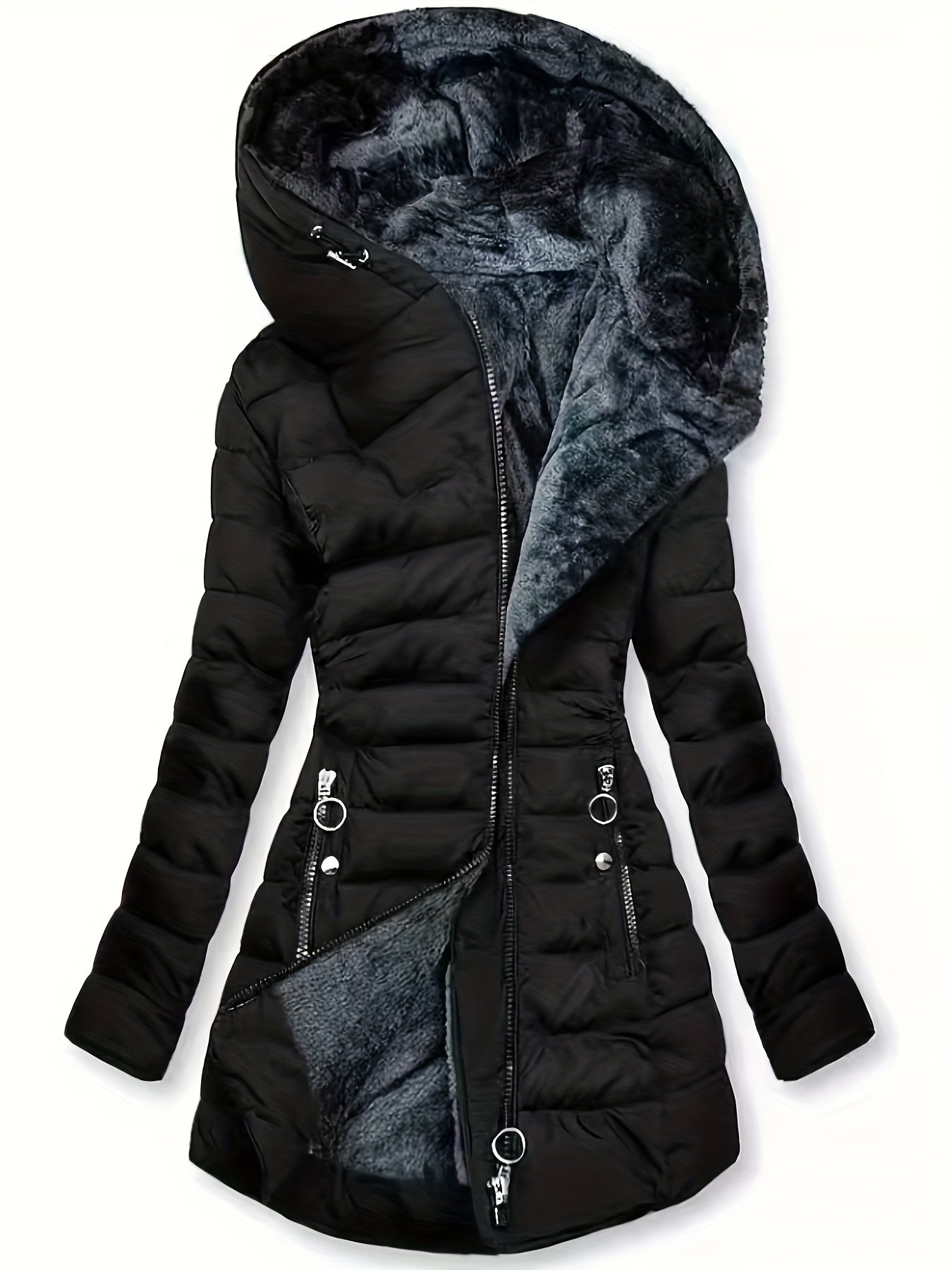 Plus Size Hooded Mid-Length Thick Warm Coat - Anti-Cold Zipper
