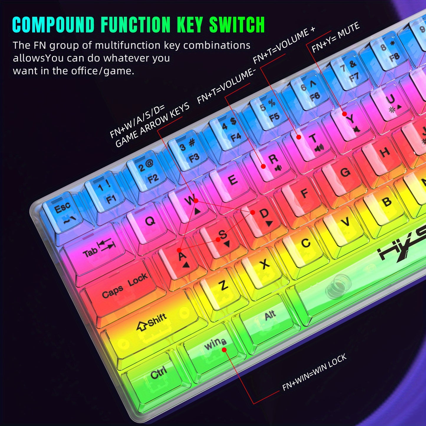 HXSJ 61-Key Gaming Keyboard - Full Transparent RGB Backlit USB-C