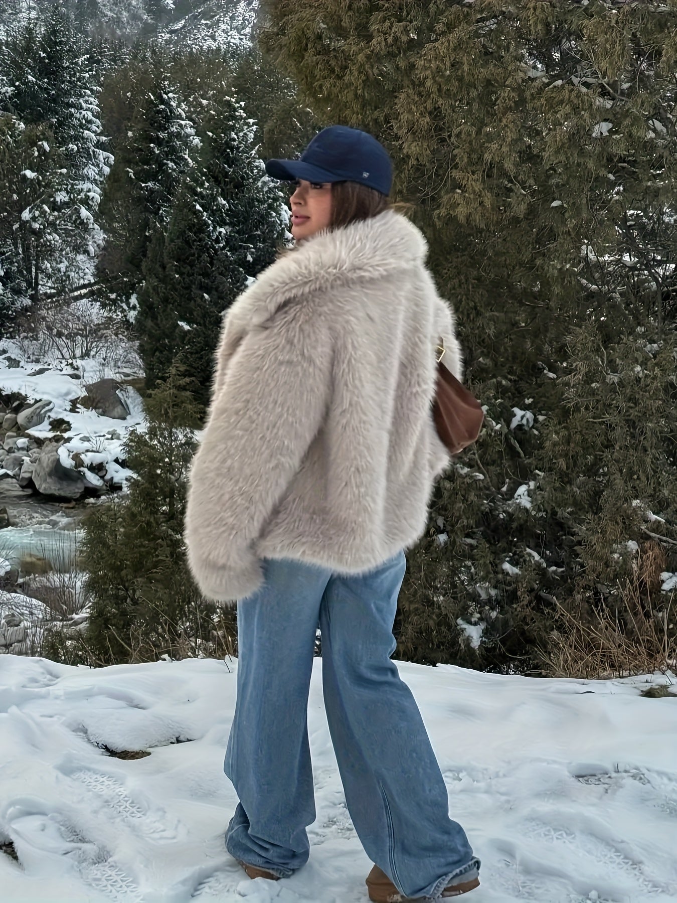 Women's Elegant V-Neck Faux Fur Coat - Solid Color Winter