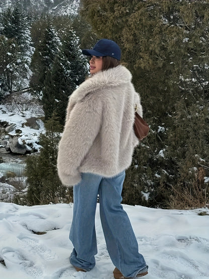 Women's Elegant V-Neck Faux Fur Coat - Solid Color Winter