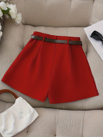 Women's Fashion Solid Color Shorts - Faux Pocket with Belt