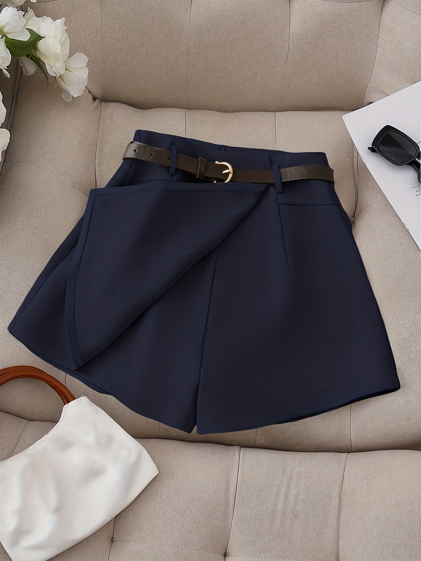 Women's Fashion Solid Color Shorts - Faux Pocket with Belt