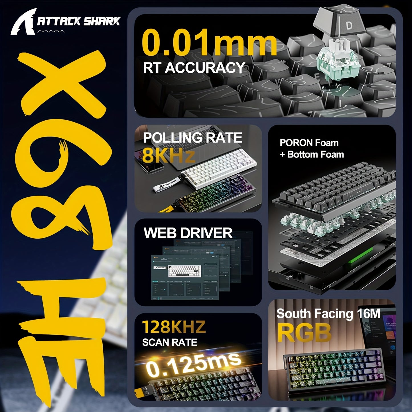 ATTACK SHARK X68 HE Mechanical Gaming Keyboard - 60% TKL Rapid Trigger