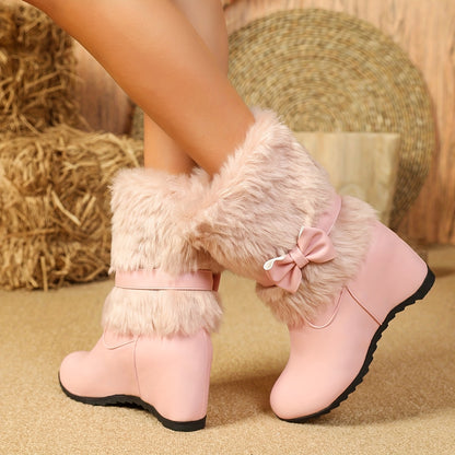 Women's Plush-Lined Winter Boots - Slip-On Mid-Calf Bow Detail