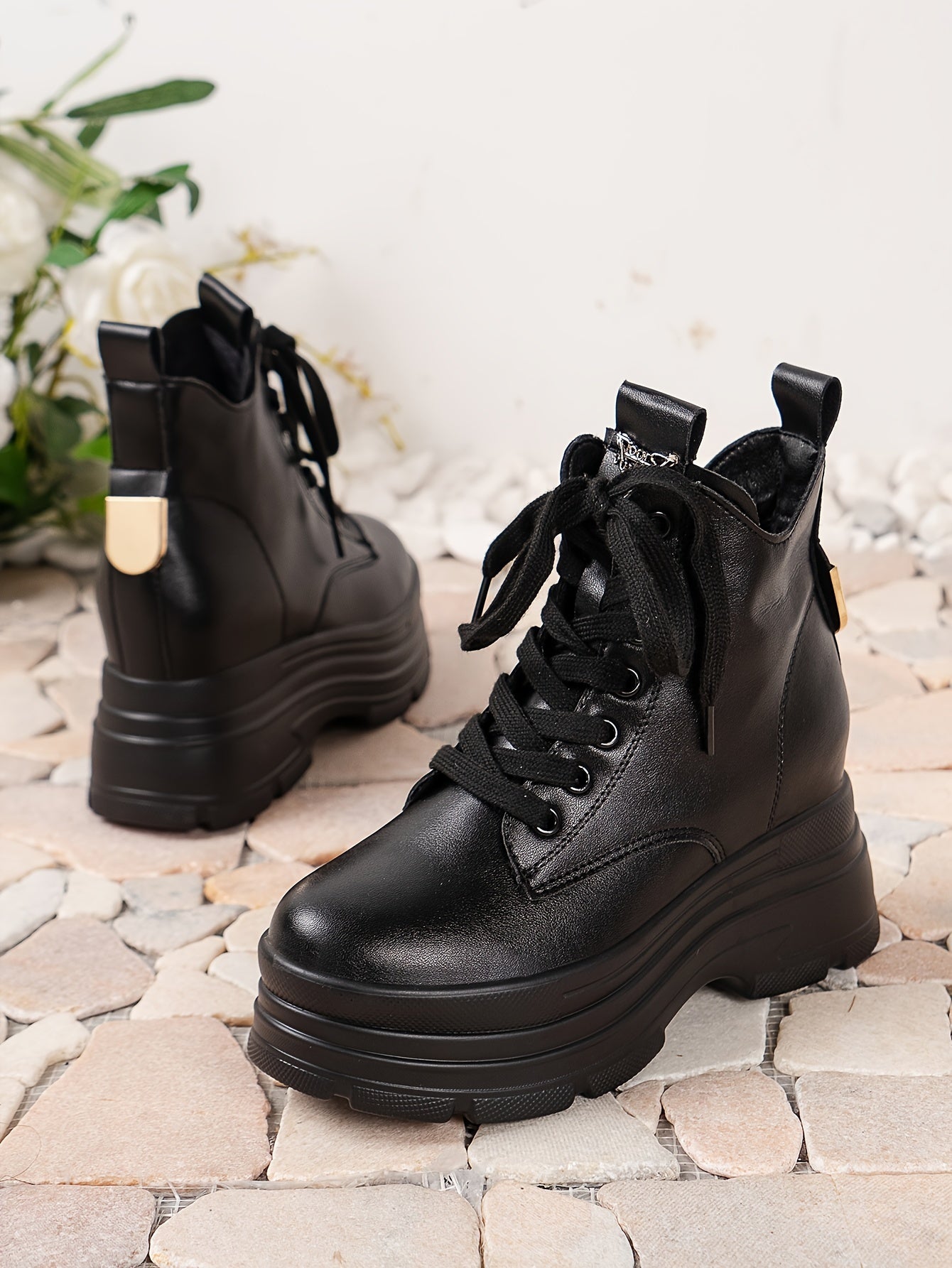 Women's Chunky Platform Ankle Boots - Fleece-Lined Black British