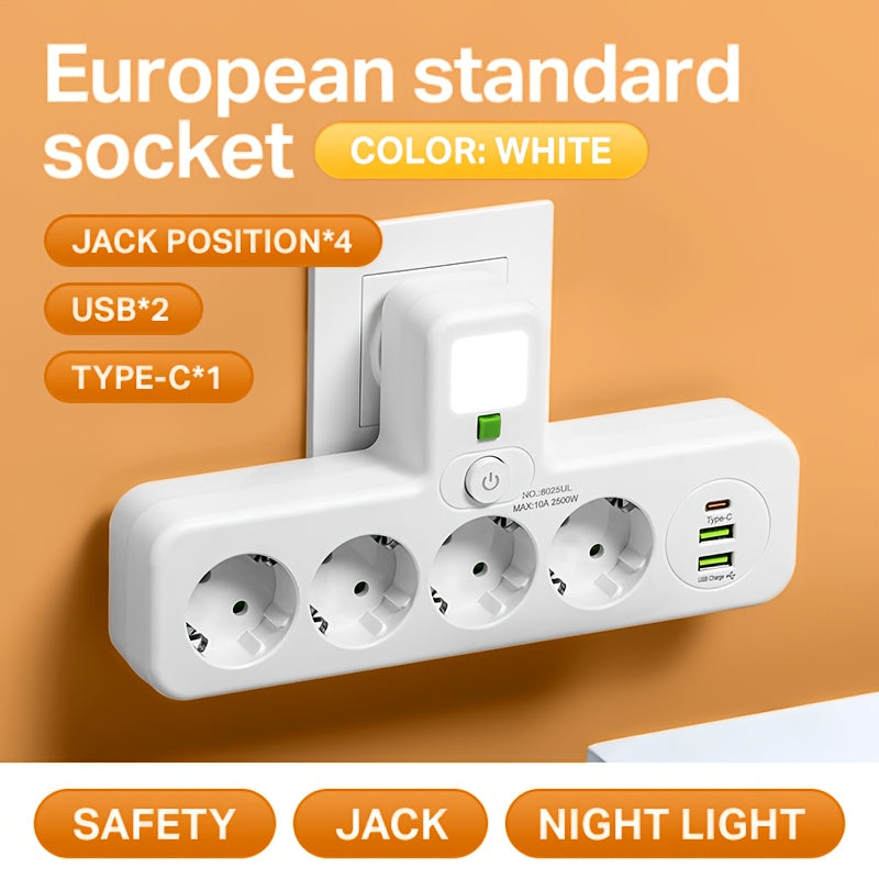 EU Plug Power Strip - 4 Sockets 2 USB Ports Night Light