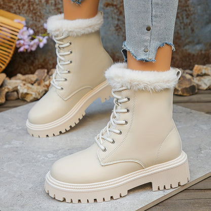 Women's Elegant White Fleece-Lined Ankle Boots - Side Zipper