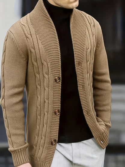 Men's Cable Knit Sweater - Black Large Lapel Ribbed