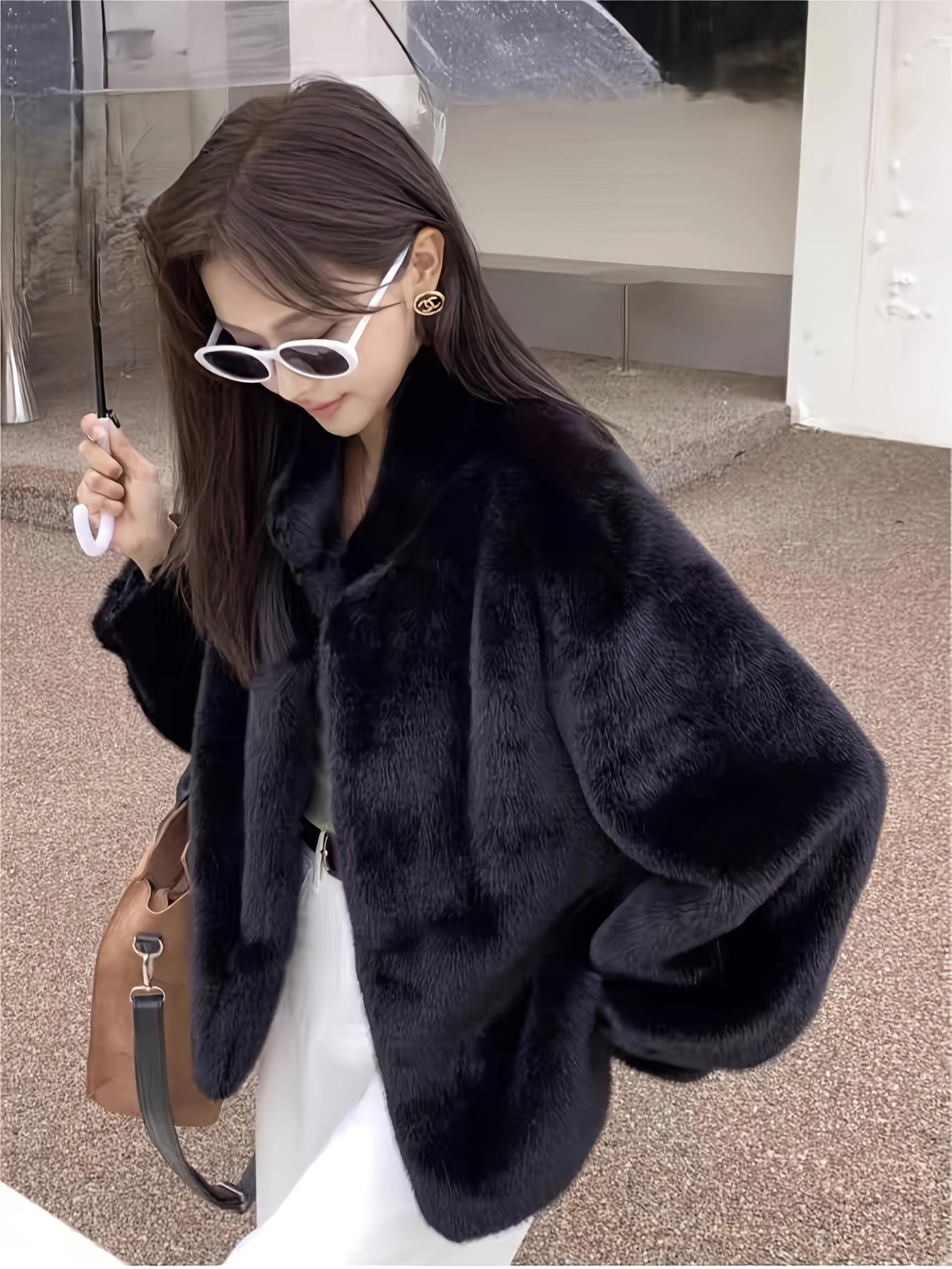 Faux Fur Open Front Fuzzy Coat, Elegant Long Sleeve Warm Outerwear For Fall & Winter, Women's Clothing