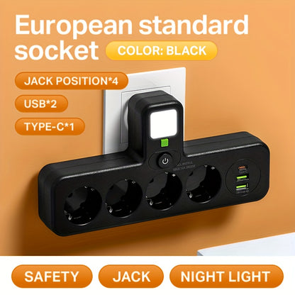EU Plug Power Strip - 4 Sockets 2 USB Ports Night Light