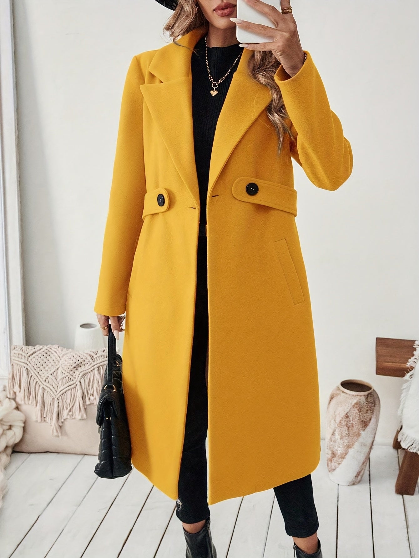 Women's Suit Collar Two-Tone Belted Long Coat - Elegant H-Line