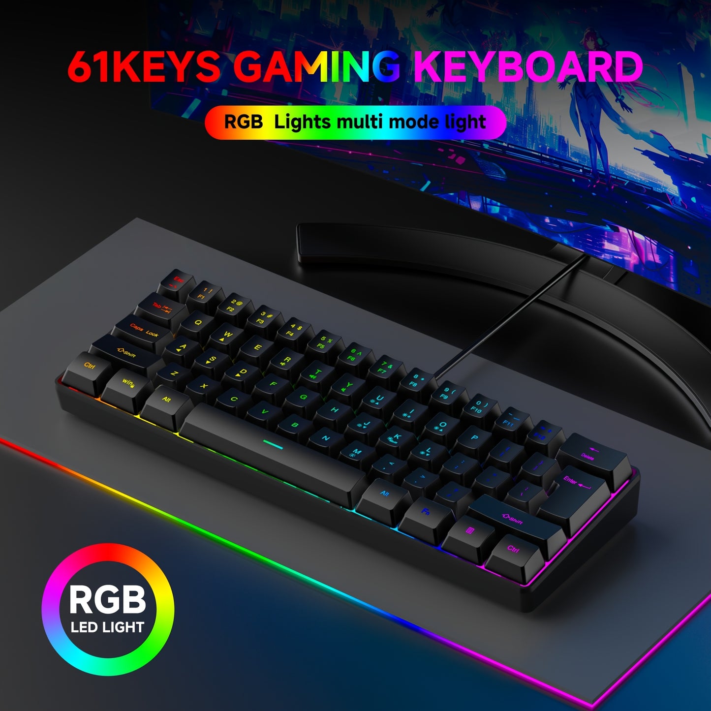 GOTBAT 60% Gaming Keyboard - Mini RGB Backlit 61 Key