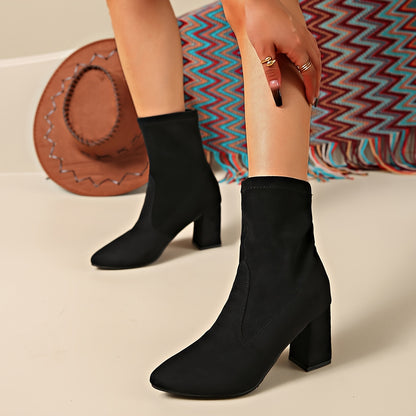 Women's Chunky High Heel Boots - Slip-On Platform Black