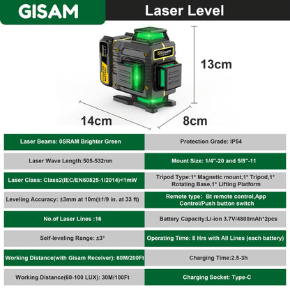 highsam 4D Laser Level - 16 Line Cross 360 Self Leveling 2 Battery